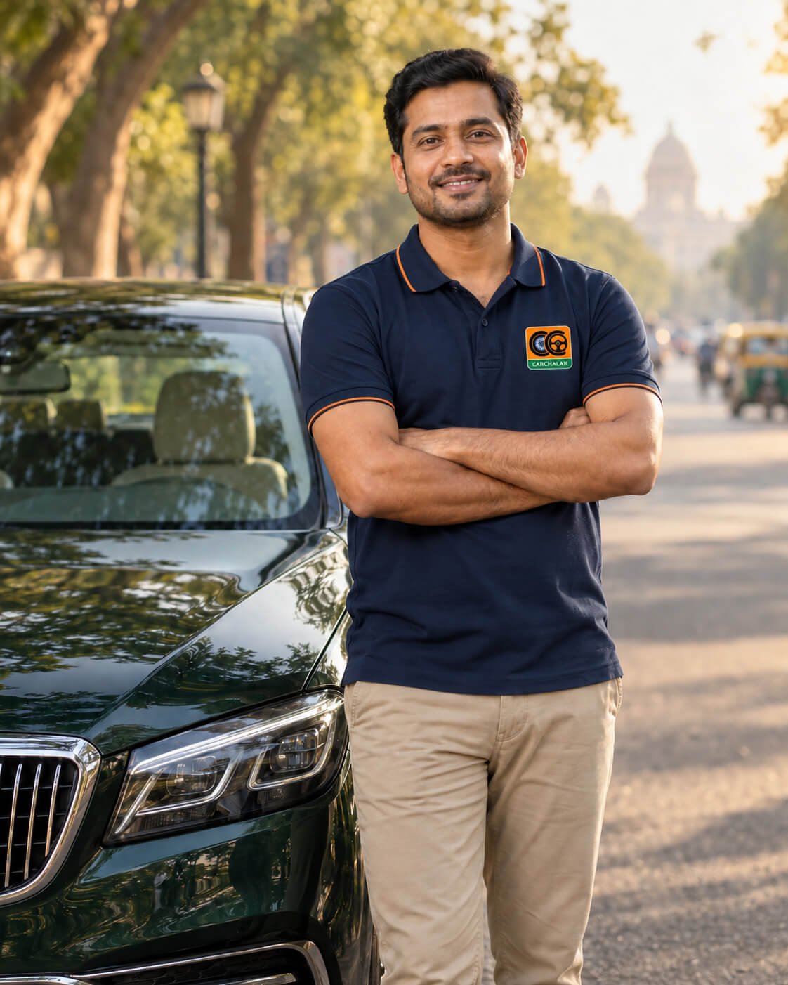 An Indian professional driver standing confidently beside a car
