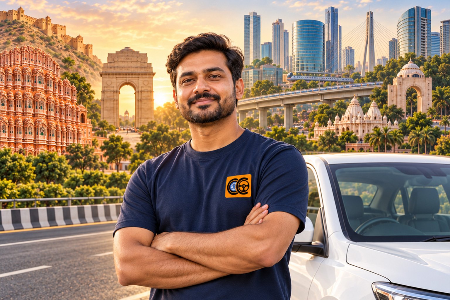 A passenger meeting a professional driver beside his car in Jaipur