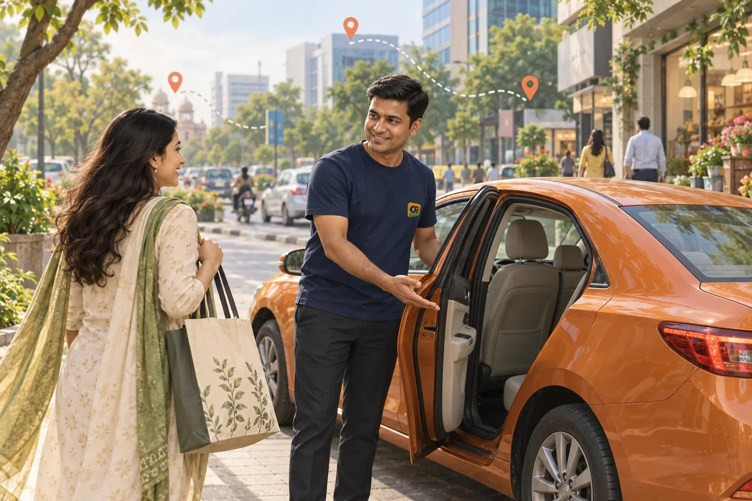 Driver welcoming a passenger for city errands
