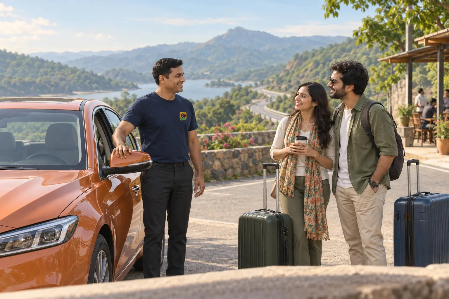 Driver and travelers beside a car on a scenic outstation trip