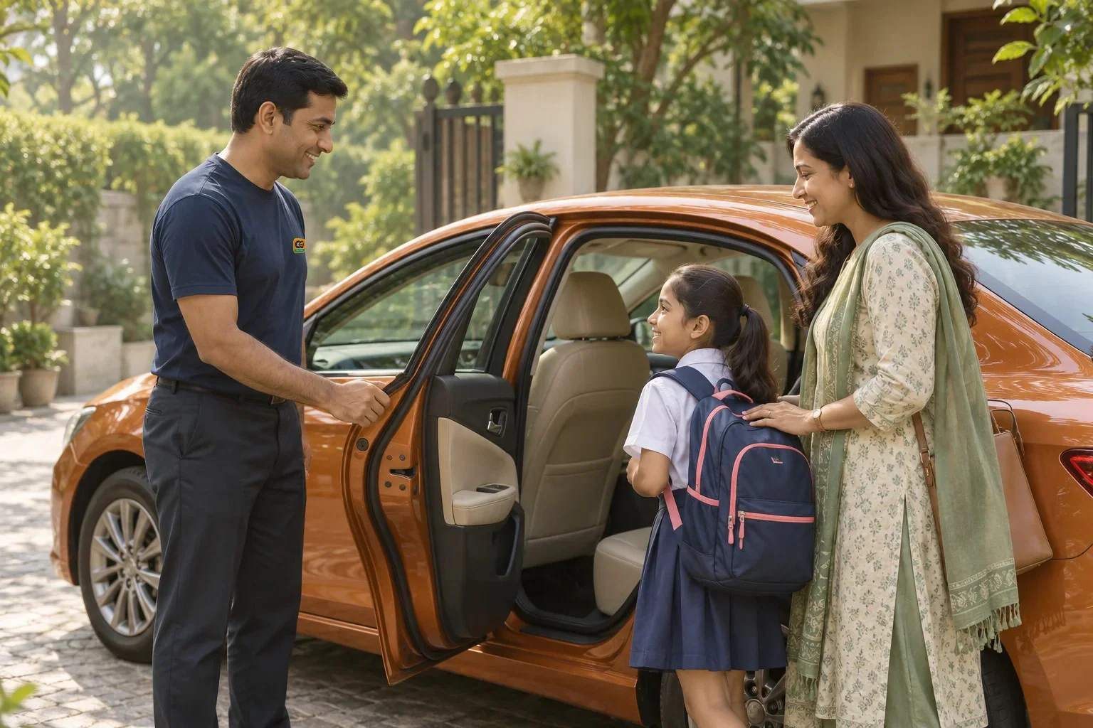 Driver welcoming a parent and child for an outing in their car